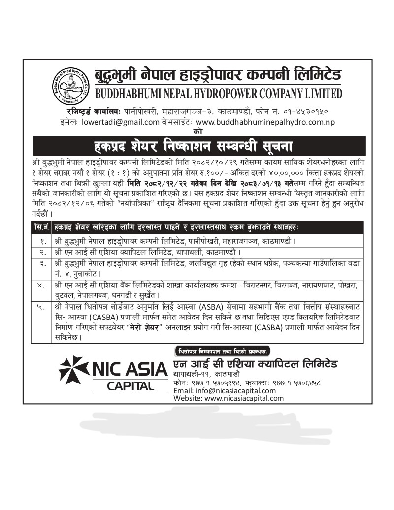 Right Share Issue Notice – Buddhabhumi Nepal Hydropower Company Limited