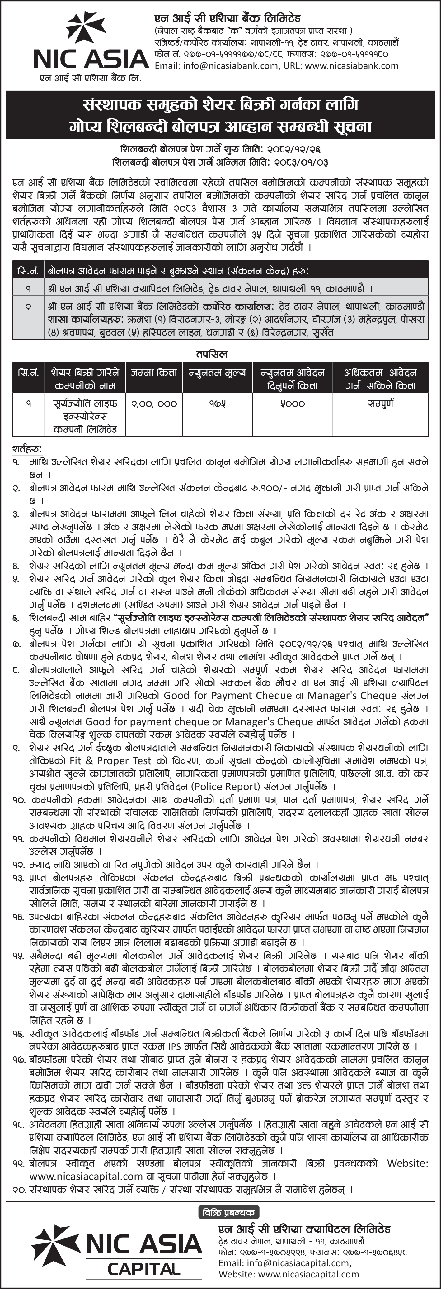संस्थापक समुहको शेयर बिक्री गर्नका लागि गोप्य शिलबन्दी बोलपत्र आव्हान सम्बन्धी सूचना