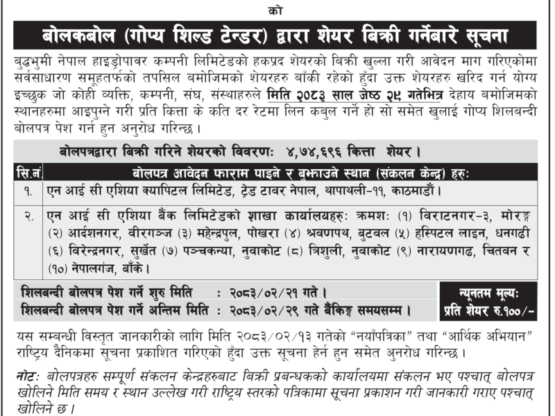 बोलकबोल (गोप्य शिल्ड टेन्डर) द्वारा शेयर बिक्री गर्नेबारे सूचना