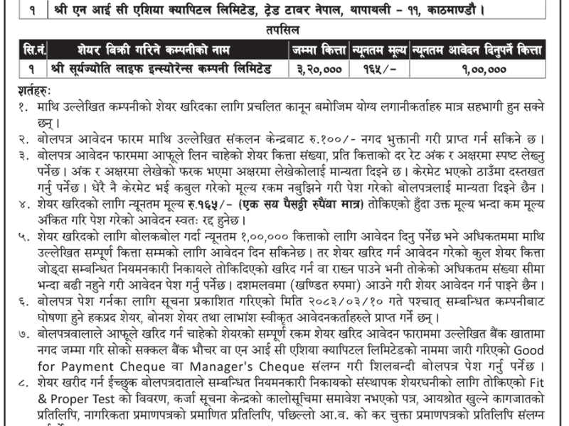 सुर्यज्योति लाइफ इन्स्योरेन्स कम्पनी लिमिटेडको संस्थापक समुहको शेयर बिक्रि गर्नका लागि गोप्य शिलबन्दी बोलपत्र आव्हान  सम्बन्धी सूचना।